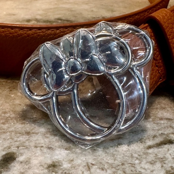 Disney MINNIE MOUSE Faux Brown Leather BELT Silver Head Icon Buckle Size M Bow - Picture 3 of 9